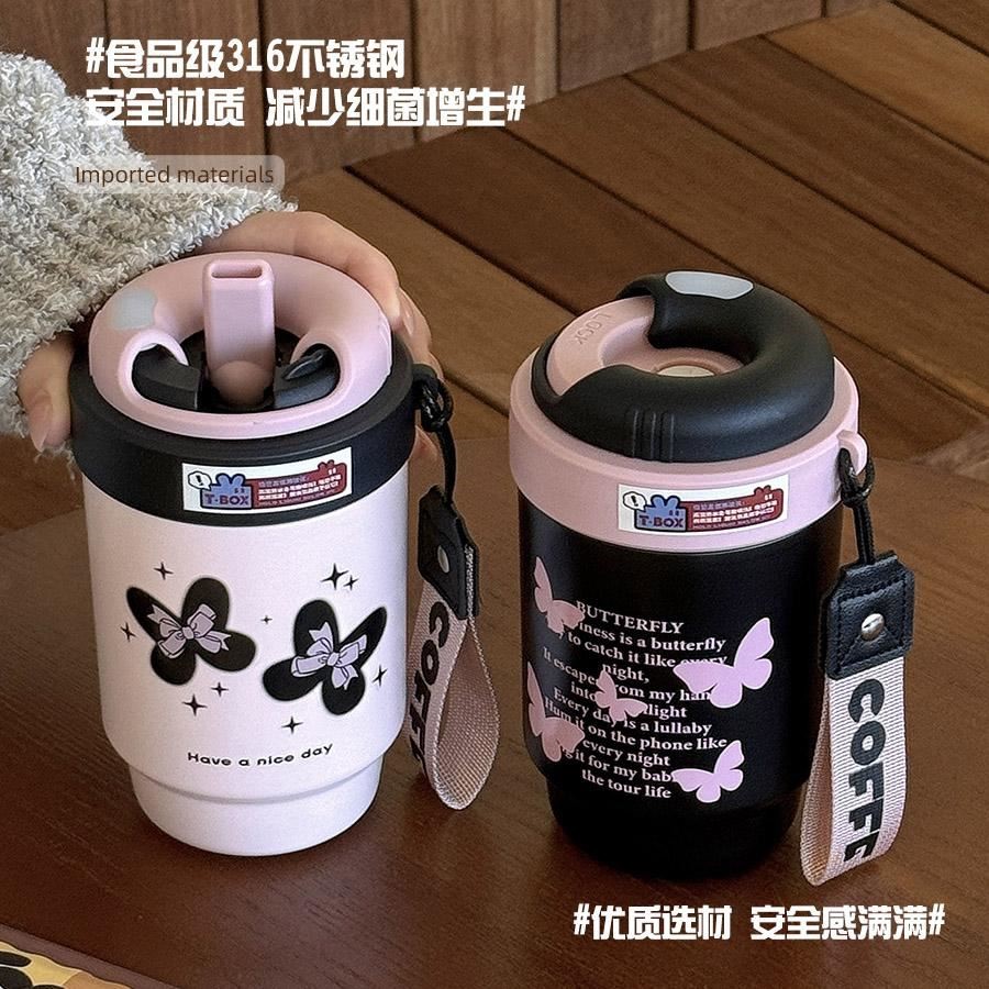 便携提绳吸管咖啡杯2025新款女生保温水杯316不锈钢办公可爱水杯