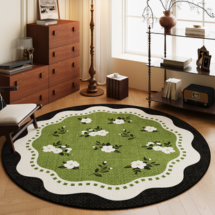 中古风高级感绿色圆形地毯客厅边几垫卧室梳妆台地垫防水阳台垫子