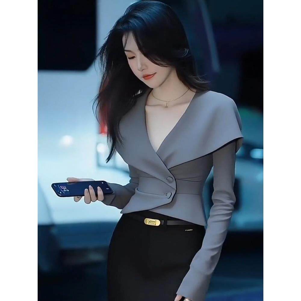 ROUMIKL灰色斗篷上衣女装秋冬季2025新款外贸原单独特漂亮高级感