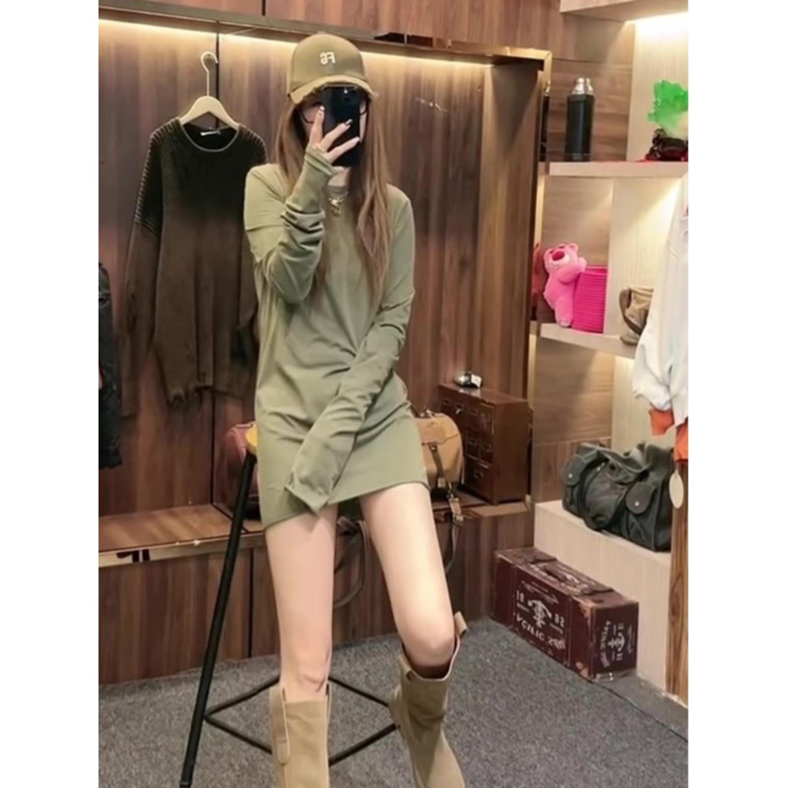 ROUMIKL绿色长袖T恤女装秋季2025新款外贸原单简约风百搭户外时尚