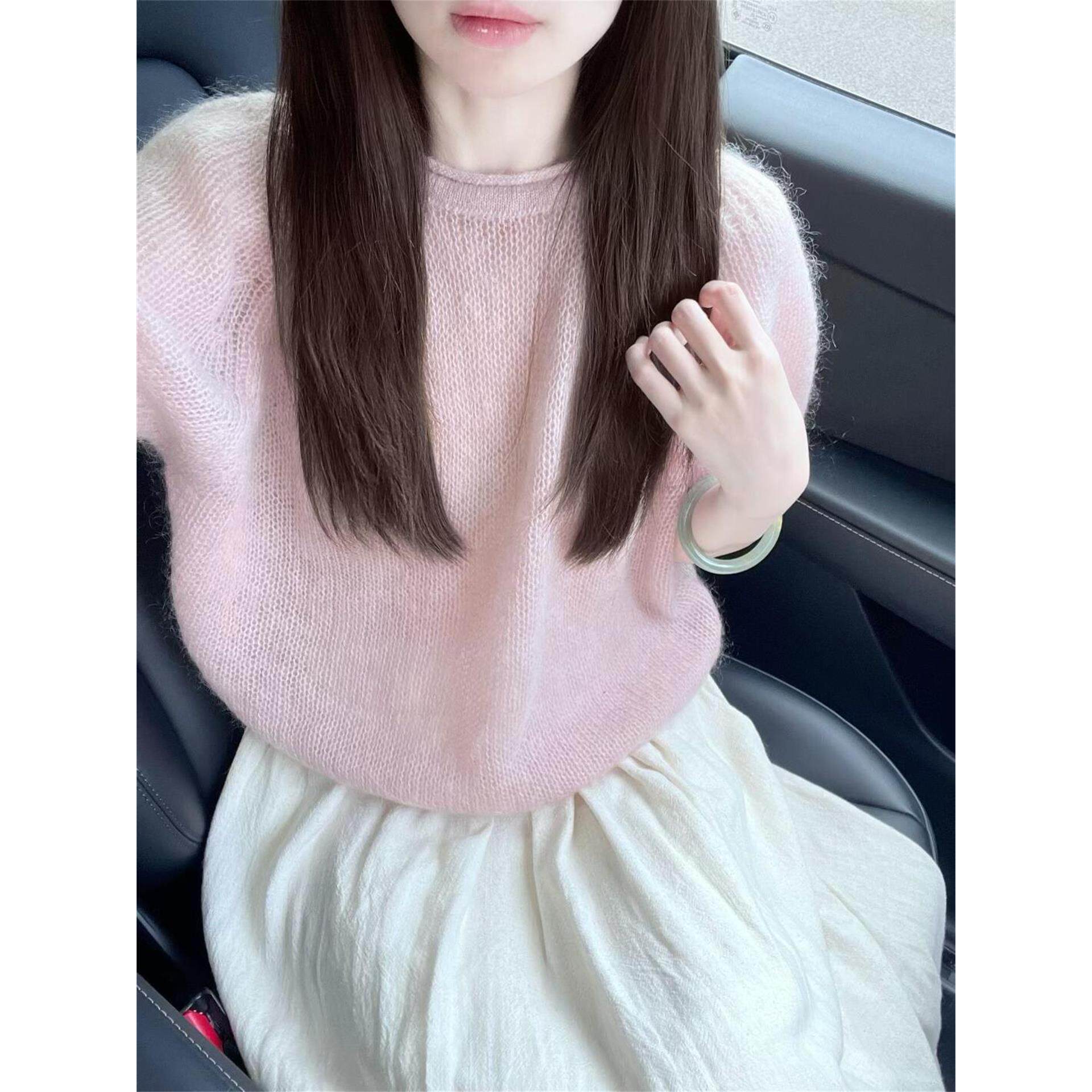 ROUMIKL粉色软糯短袖针织衫女装秋季2025新款外贸原单毛衣女泡泡