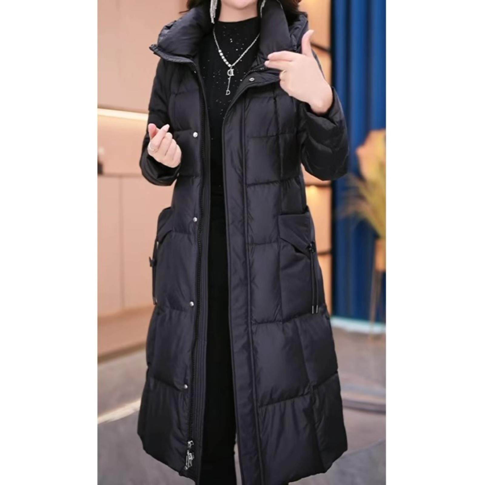 ROUMIKL高端时尚中长款黑色连帽服2025女新款大码显瘦保暖衣袄外