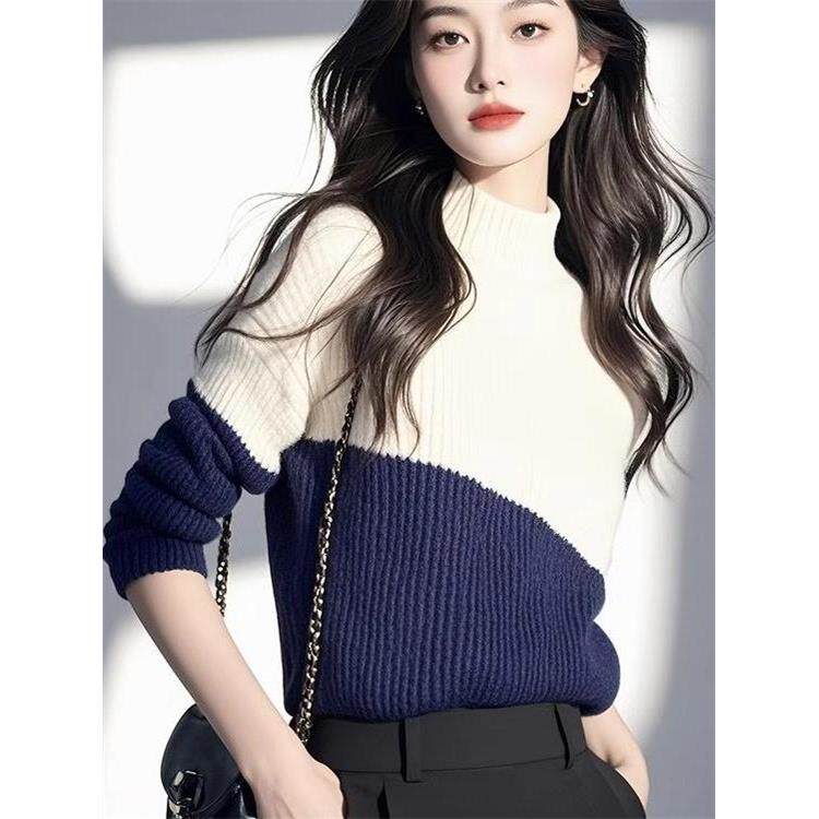 ROUMIKL拼色半高领打底毛衣女装秋季2025新款外贸原单设计感法式