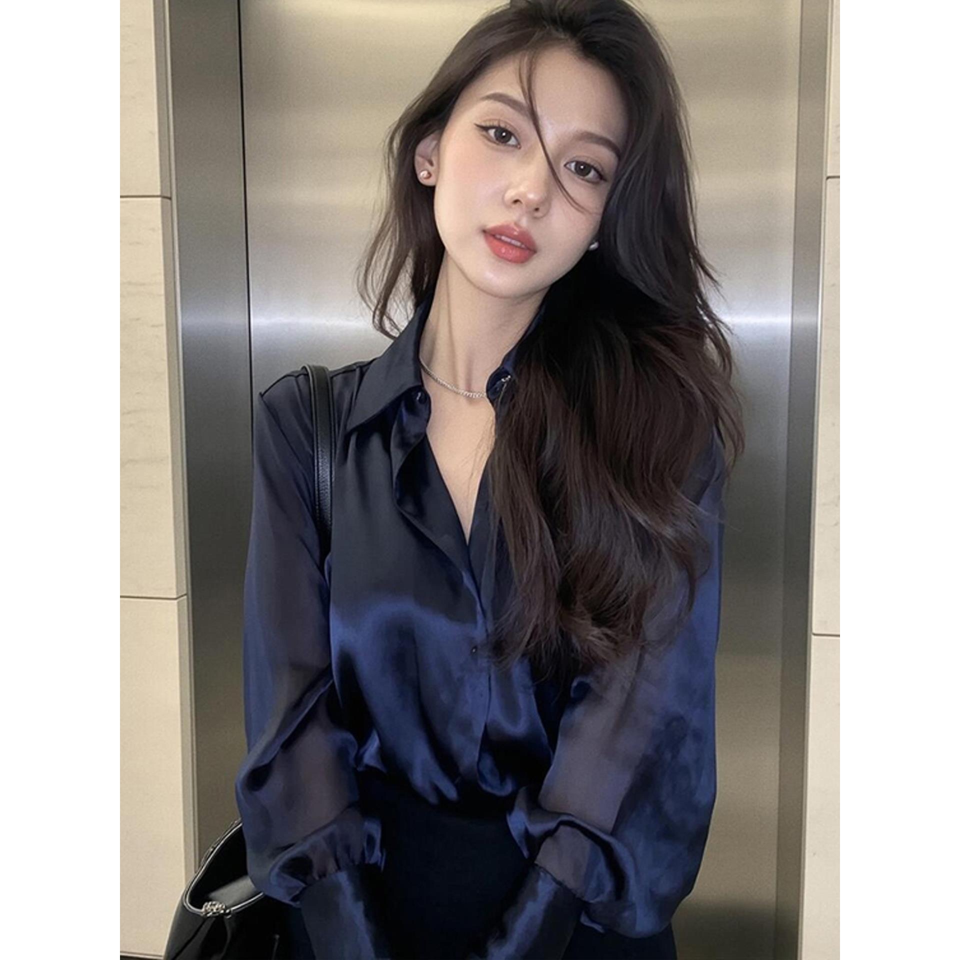 ROUMIKL绝美蓝色Polo领长袖衬衫女装秋冬季2025新款外贸原单百搭