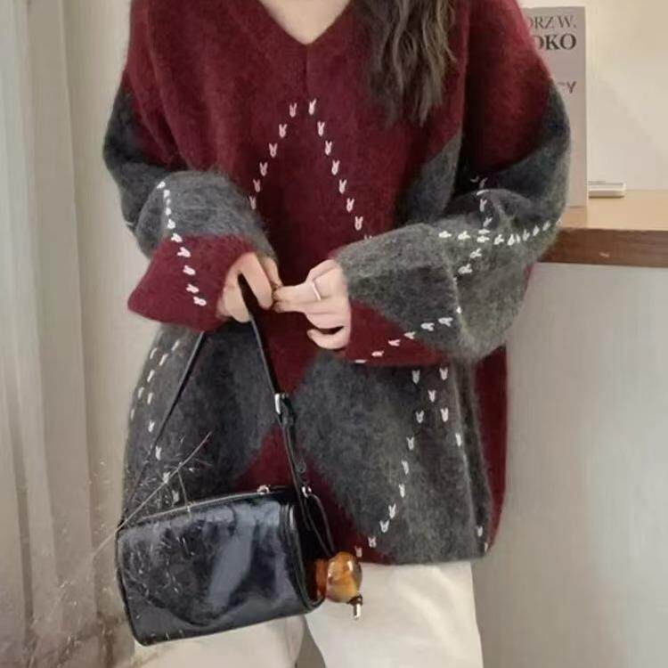 ROUMIKL慵懒灰色菱格毛衣女装秋冬季2025新款外贸原单宽松软糯针