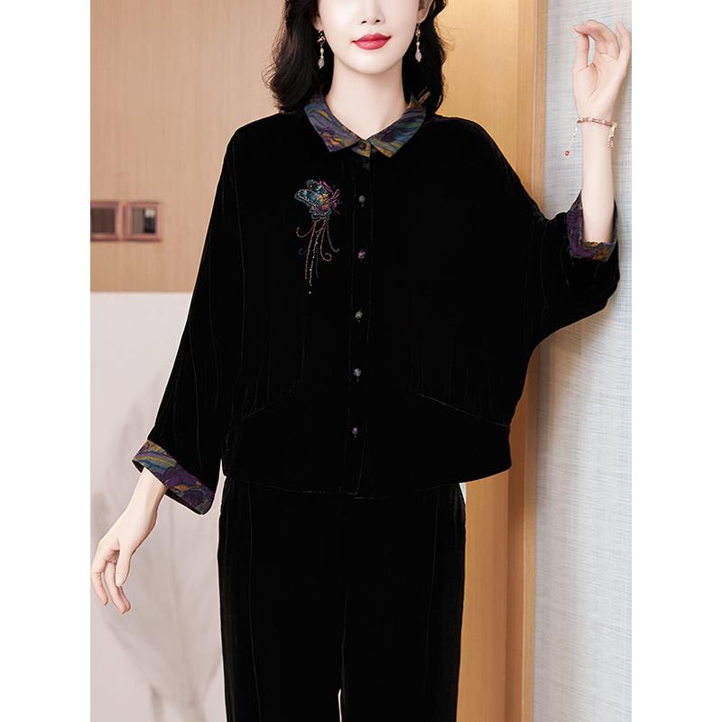 ROUMIKL钉珠刺绣v领拼接绒上衣女装秋季2025新款外贸原单衬衫外套