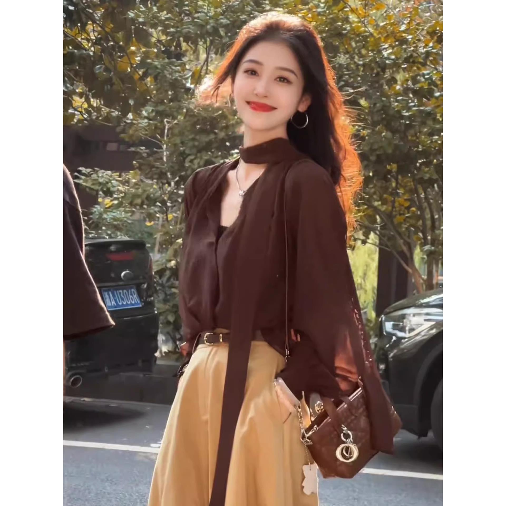 ROUMIKL法式覆古气质挂脖飘带雪纺衬衫女装秋季2025新款外贸原单