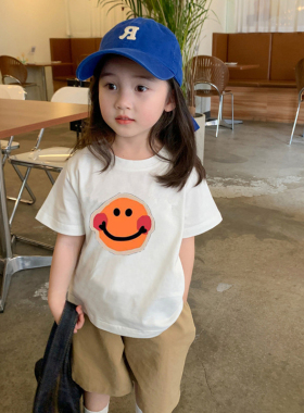 女童夏装纯棉短袖t恤中大儿童2026年新款洋气笑脸印花白色上衣潮