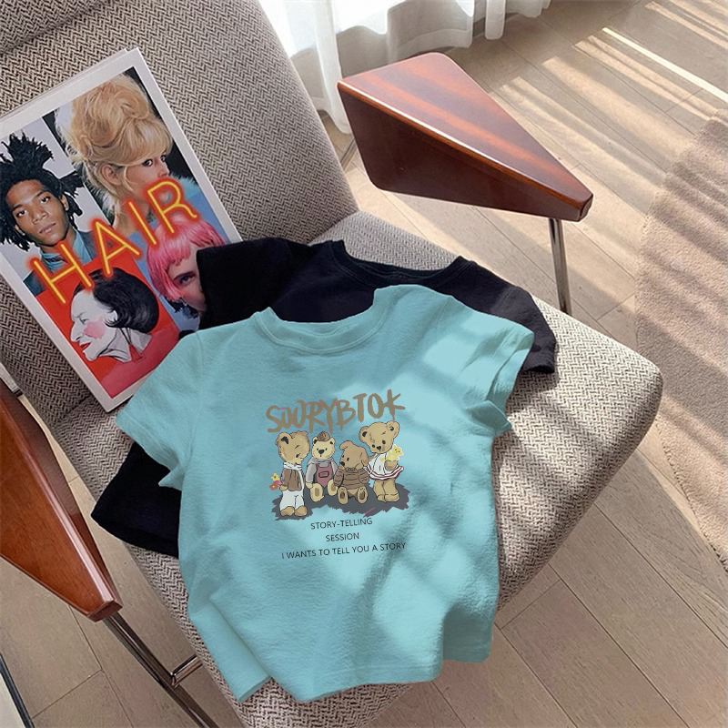 女童纯棉短袖t恤夏装2025新款中大儿童衣服天蓝色男童正肩上衣潮