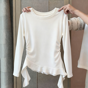 女童打底衫短款不规则荷叶边超好看白色上衣儿童春秋纯棉长袖t恤