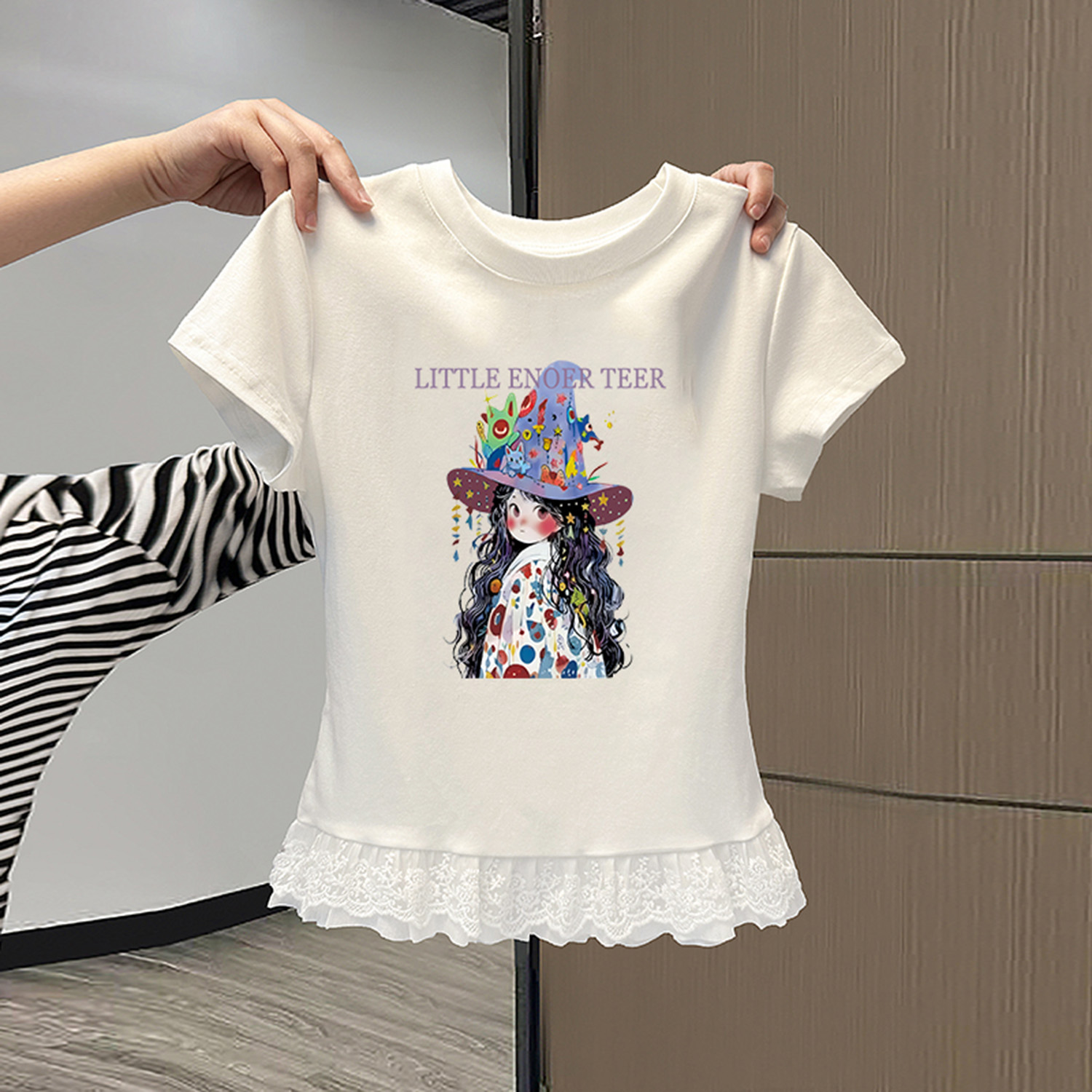 女童短袖t恤夏季2025新款儿童小女孩纯棉蕾丝花边下摆上衣潮夏装