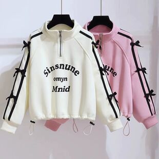 女童卫衣春秋款2026新款洋气时髦蝴蝶结休闲上衣儿童短款设计感潮