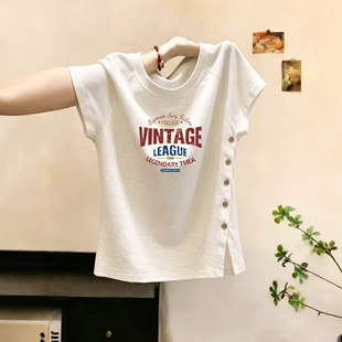 超好看白色开叉t恤短袖女童夏2026新款儿童洋气百搭修身纽扣上衣
