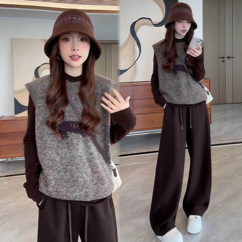 ROUMIKL2025冬季巨好看的一整套穿搭女韩版小个子显瘦马甲阔腿裤