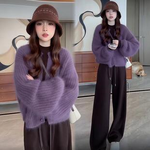 ROUMIKL韩版潮流2025秋冬新款圆领紫色针织毛衣外套卫裤两件套休