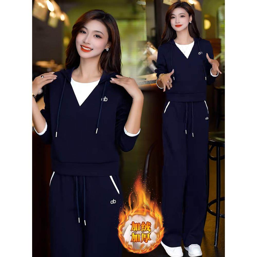 ROUMIKL欧货休闲运动套装女冬装2025年新款加绒加厚连帽卫衣阔腿