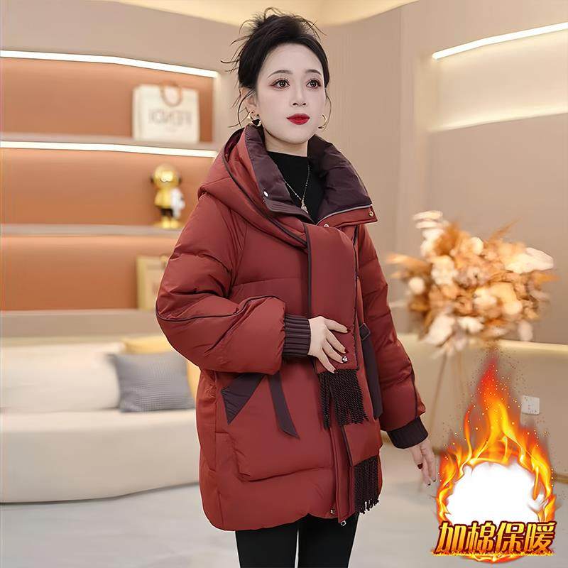 ROUMIKL中长款连帽围巾服女款2025冬季新款宽松加绒毛衣加厚保暖