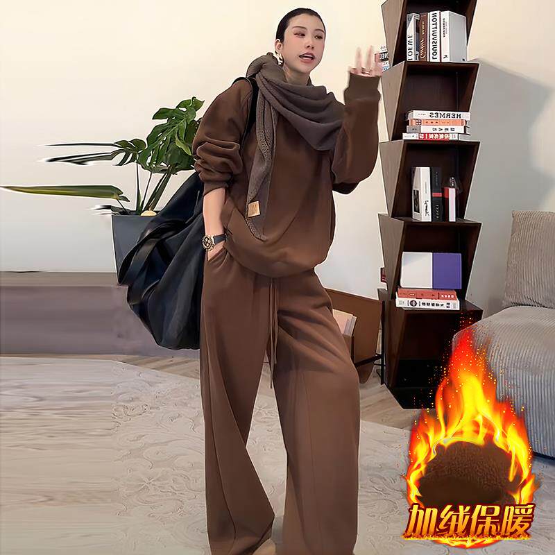 ROUMIKL巨好看的冬装一整套女2025新款加绒加厚圆领卫衣宽松阔腿
