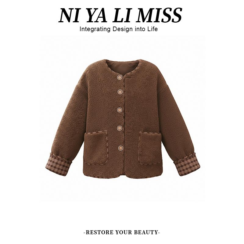 ROUMIKL巨好看的独特漂亮的初冬外套女2025新款秋冬加绒衣格子拼