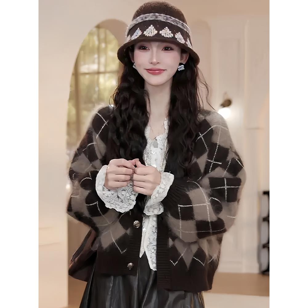 ROUMIKL巨好看的冬装一整套女2025年新款棱形格毛衣外套松紧腰皮