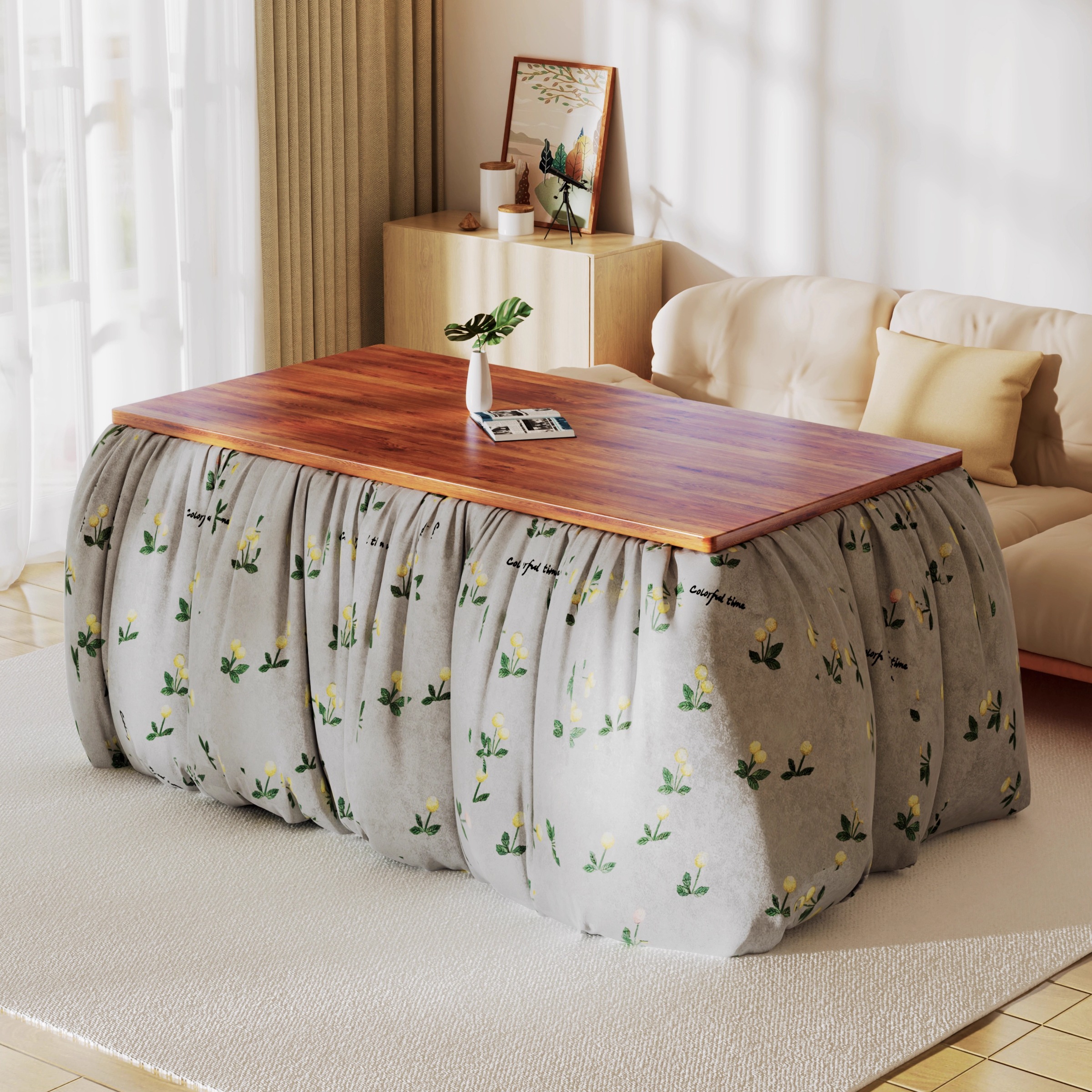 新款长方形实木折叠烤火桌