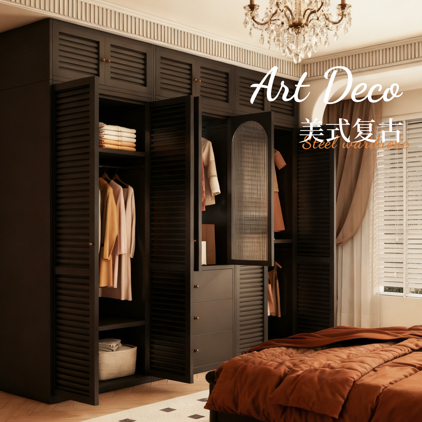 金属衣柜家用卧室美式复古收纳柜出租房用结实耐用全挂式钢制衣橱