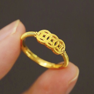 正品999纯金戒指24k黄金戒指有钱在手国风小众钱币金包银时尚百搭
