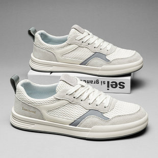 潮牌男鞋2026夏季新款透气网面运动板鞋百搭真皮软底男士休闲鞋