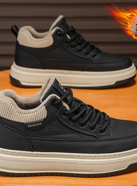 潮牌男鞋2025冬季新款加绒加厚保暖休闲棉鞋男士增高板鞋黑色皮鞋