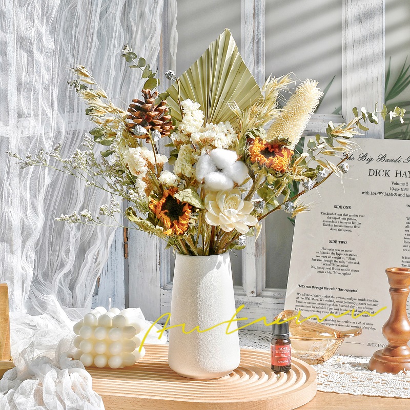 ins北欧风干花花束陶瓷花瓶向日C葵莲蓬插花家居装饰摆件客厅摆设
