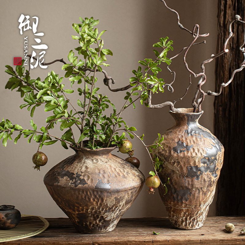 侘寂风覆古插花h粗陶陶罐家居装饰品陶瓷花瓶民宿酒店茶室禅意摆