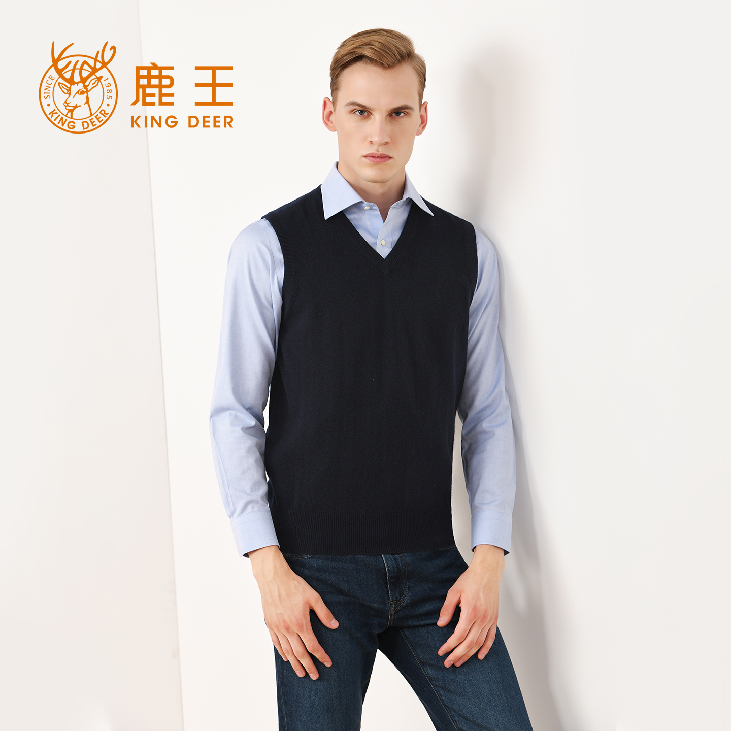 鹿王纯羊绒v领套头衫男士背心