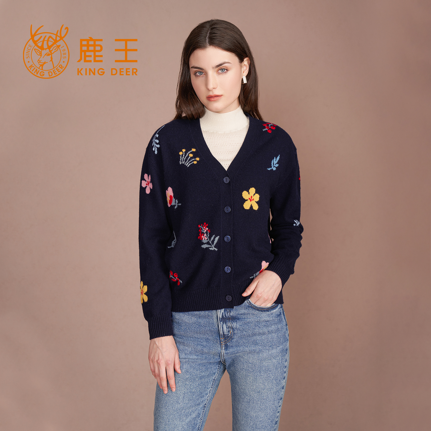 羊绒衫女士V领提花组织女开衫