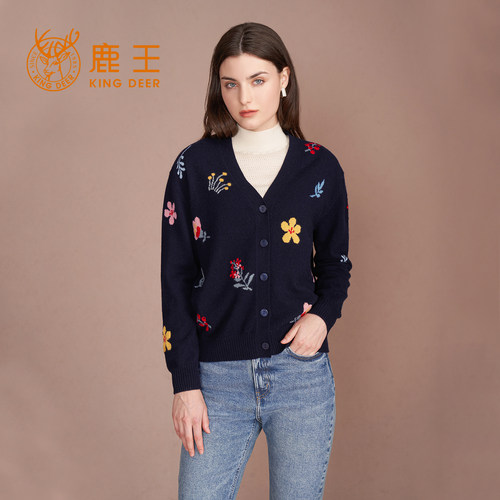 羊绒衫女士V领提花组织女开衫