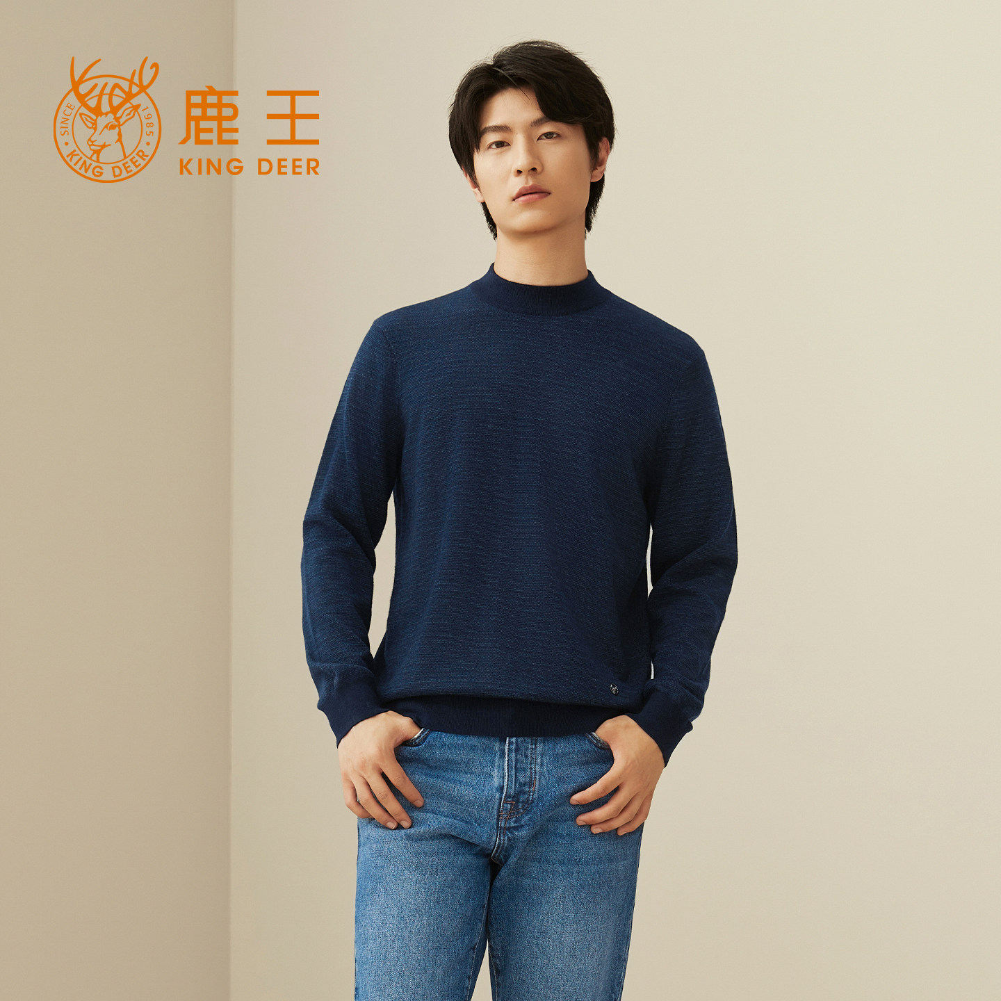 【精纺】鹿王100%纯山羊绒衫男士半高领针织毛衣套衫秋冬新款