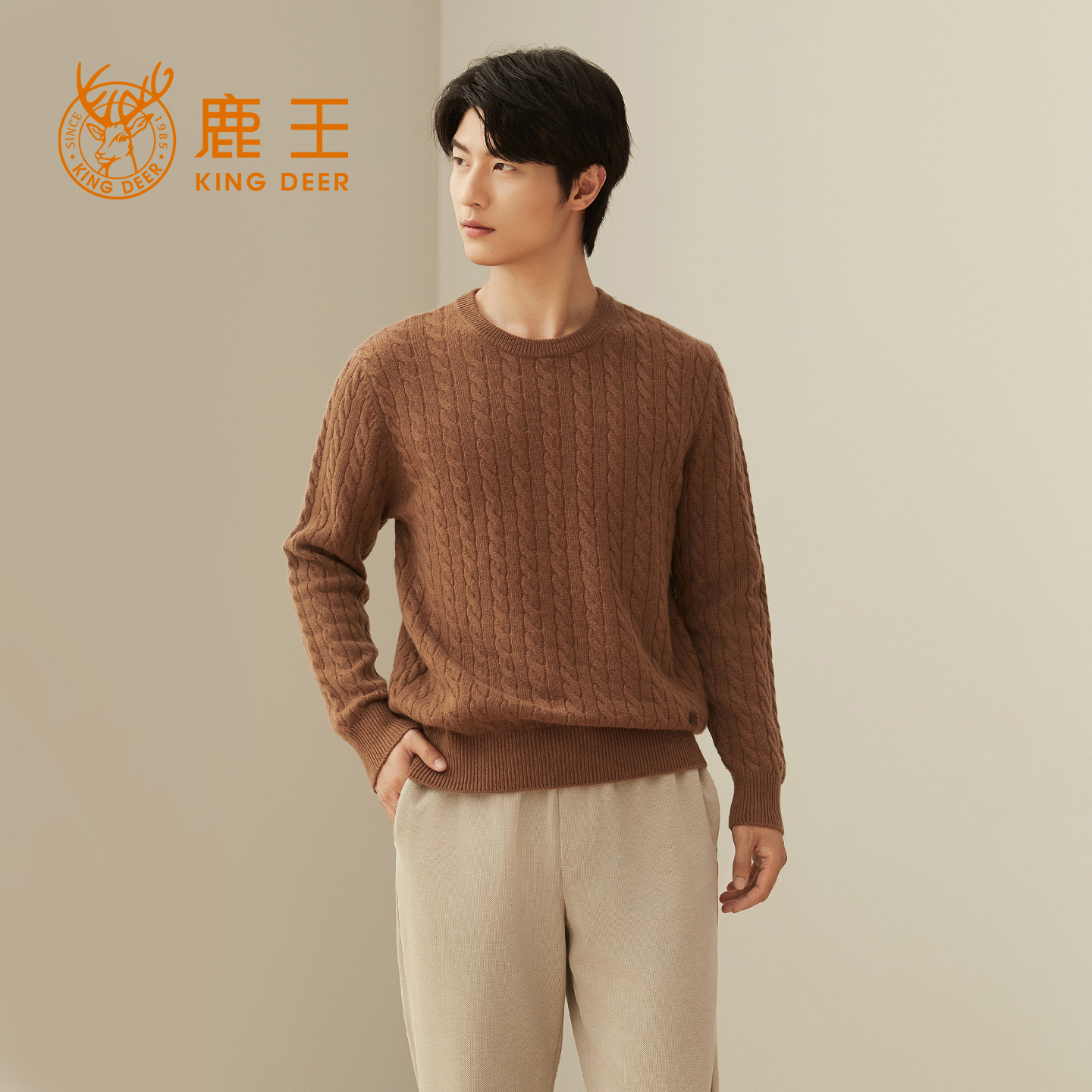 鹿王羊绒衫男士圆领绞花毛衣保暖休闲纯色套头商务针织衫秋冬新款