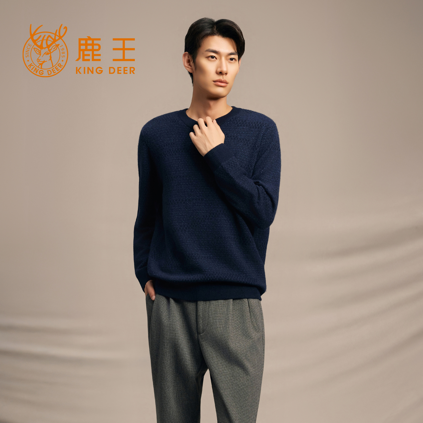 鹿王100%山羊绒衫男圆领针织衫