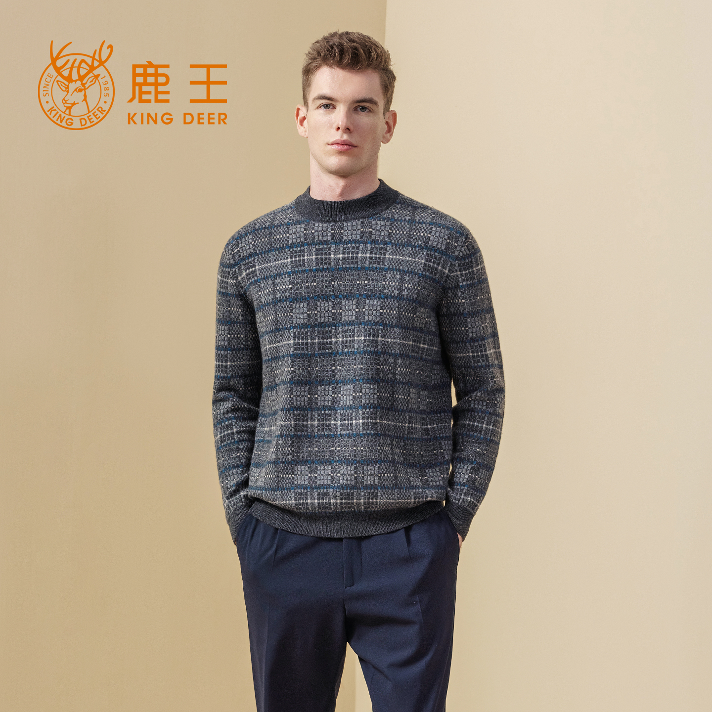 鹿王100%纯山羊绒衫男士半高领单面提花套头衫保暖纯色春秋冬新款