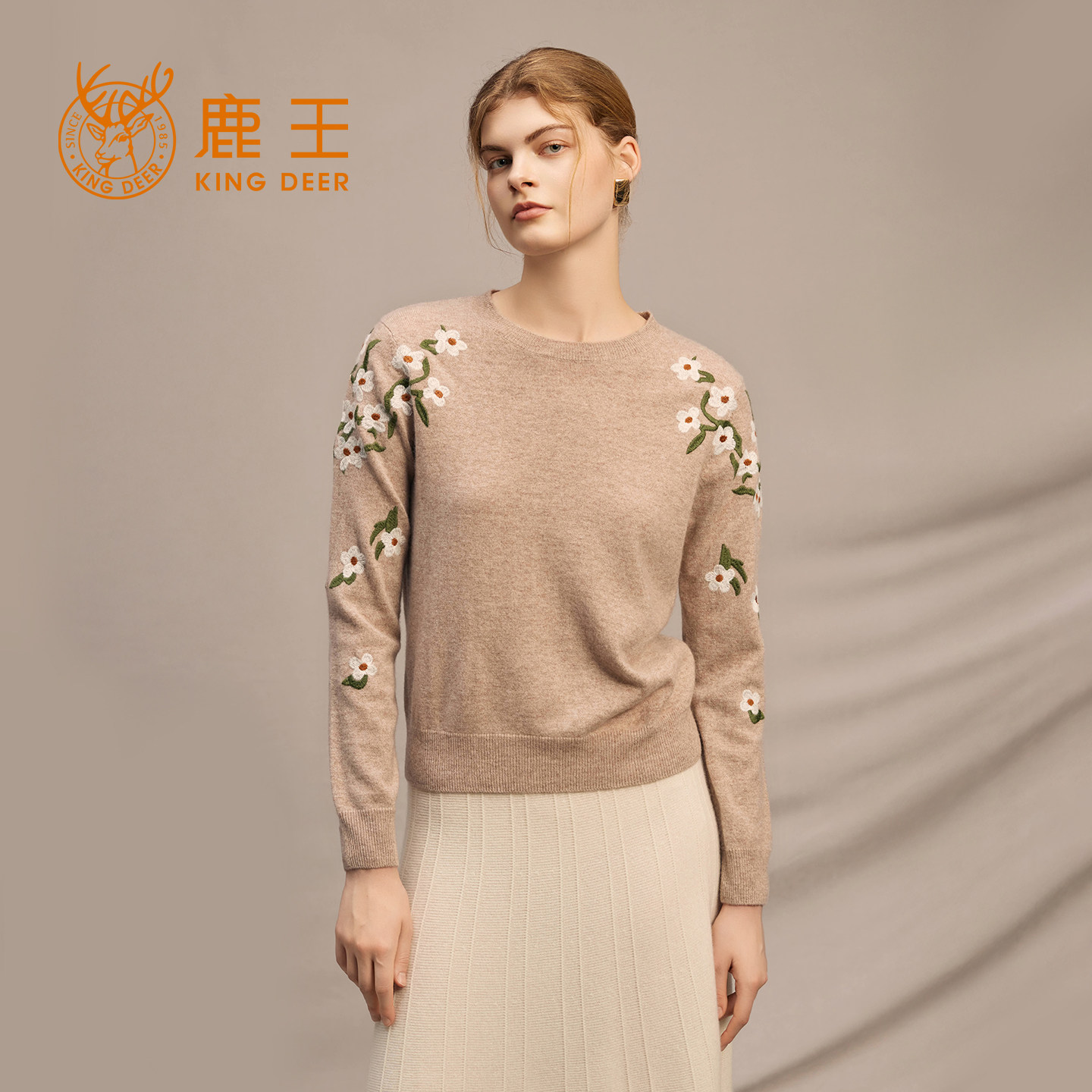 鹿王纯羊绒衫女士过年圆领变化组织红色毛衣针织衫百搭25秋冬新款