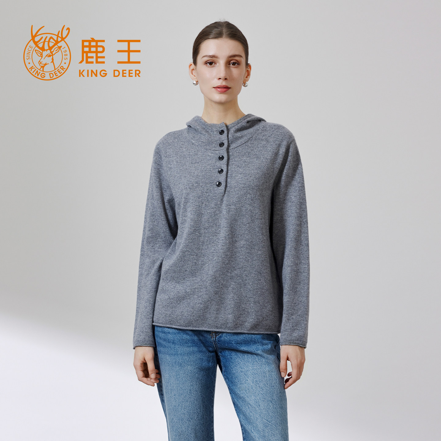 鹿王100%山羊绒女连帽衫秋冬