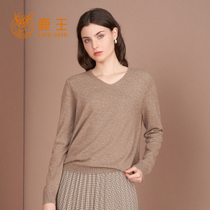 King Deer/鹿王羊绒衫女士V领平面组织女套衫舒适透气新款