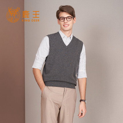 King Deer/鹿王羊绒衫男100纯羊绒马甲新款男士背心V领套头衫