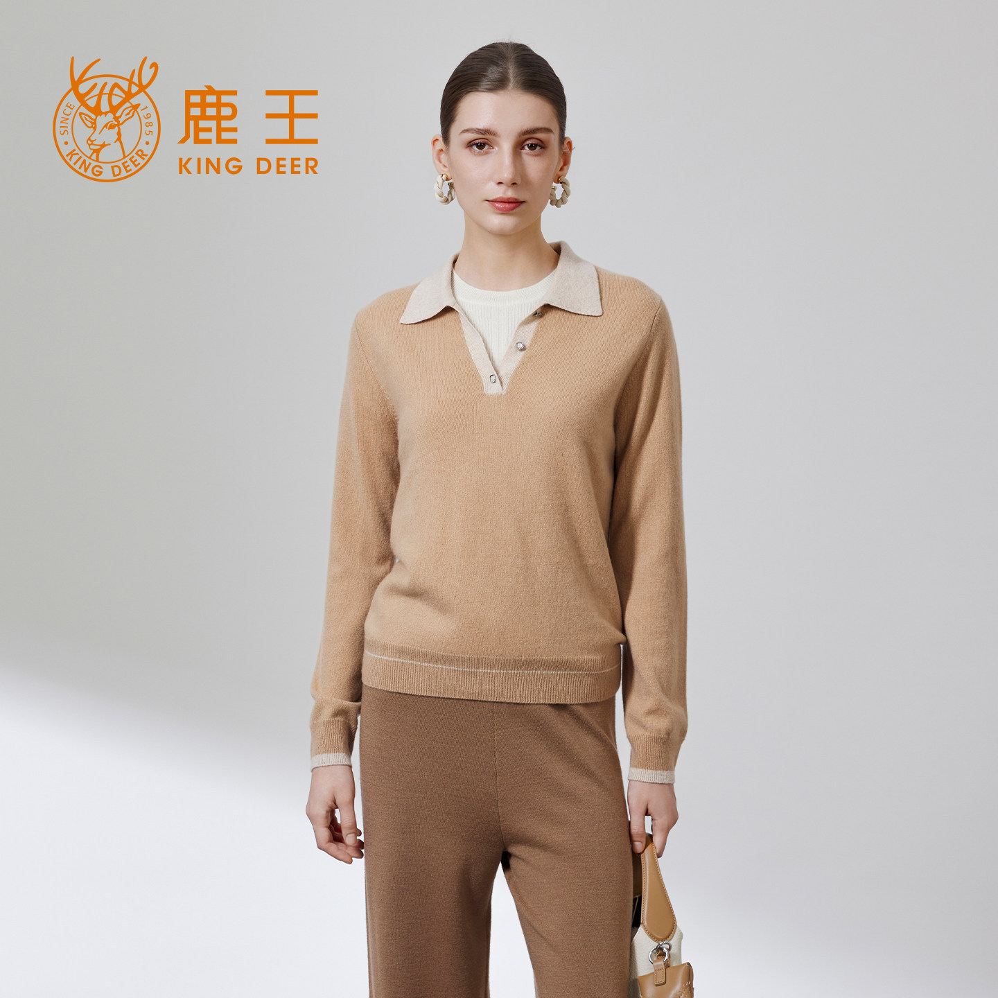 鹿王100%纯山羊绒衫女polo领时尚休闲简约百搭针织衫26年早秋新款