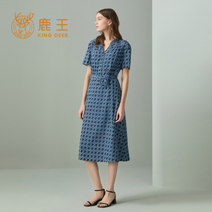 【专柜同款】鹿王桑蚕丝真丝连衣裙女士时尚休闲短袖印花春夏新款