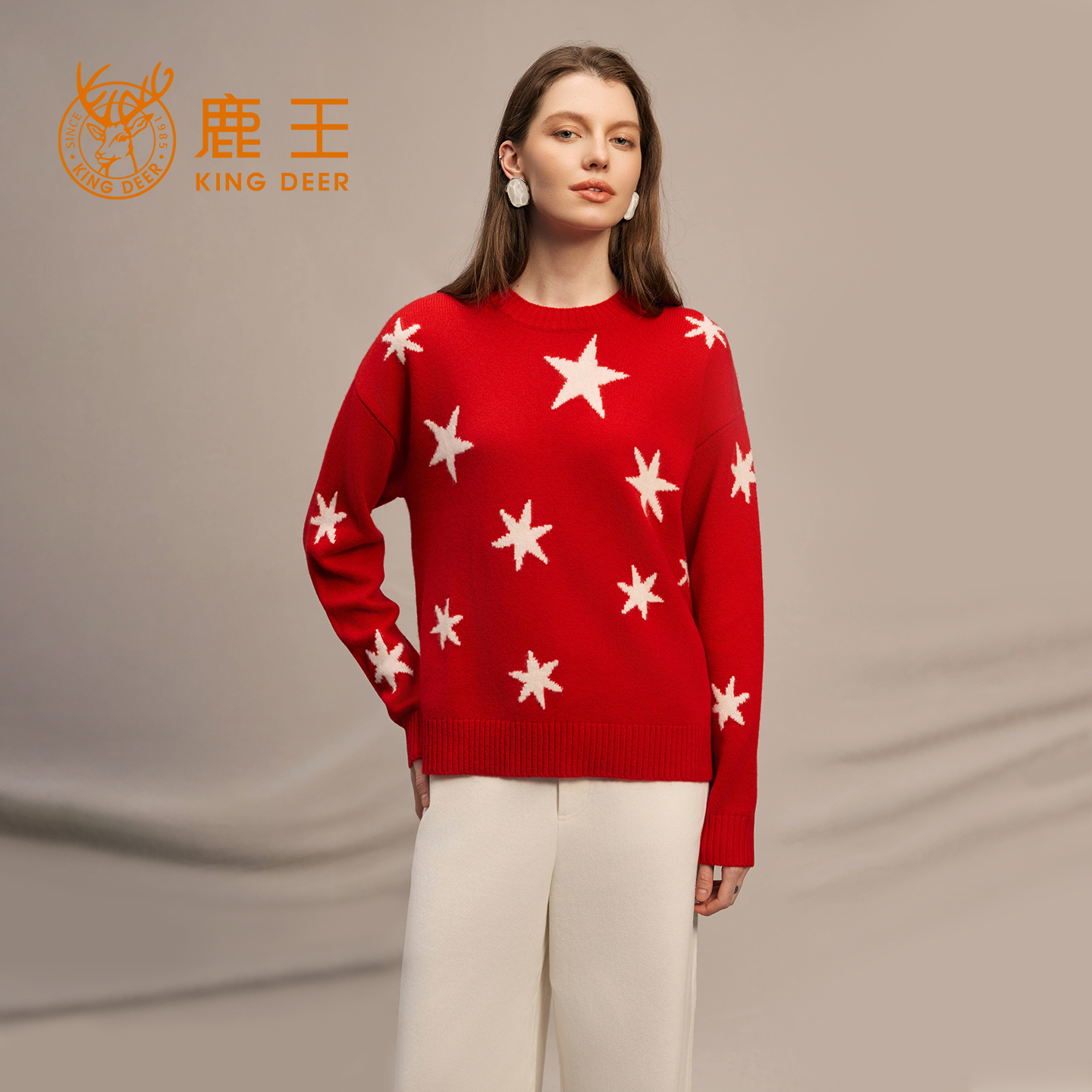 鹿王100%羊绒衫女士圆领星星提花