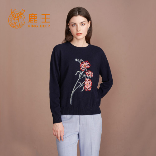 鹿王羊绒衫女士圆领提花女套衫