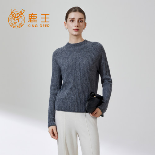鹿王100%羊绒女圆领休闲毛衣