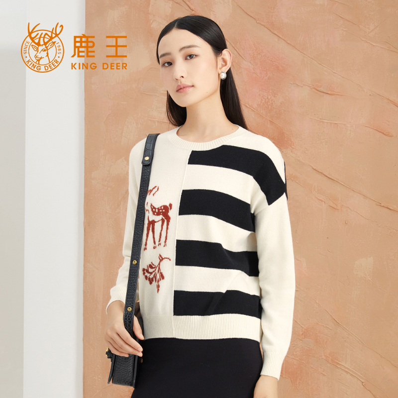 羊绒衫KingDeer/鹿王提花圆领