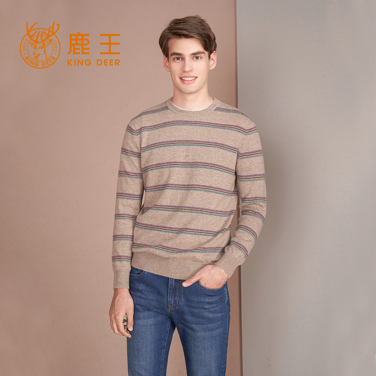鹿王羊绒衫男100纯羊绒圆领提花男士针织套衫修身宽松秋冬新款