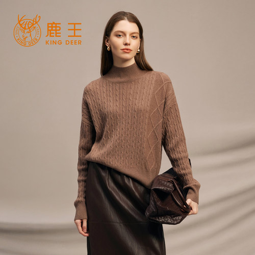 鹿王100%山羊绒衫女半高领针织衫